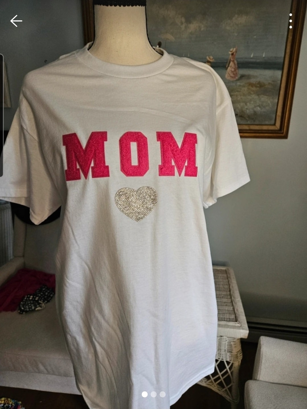 Breast Cancer Awareness Tee with Pink 'MOM' Letters and Rhinestone Heart